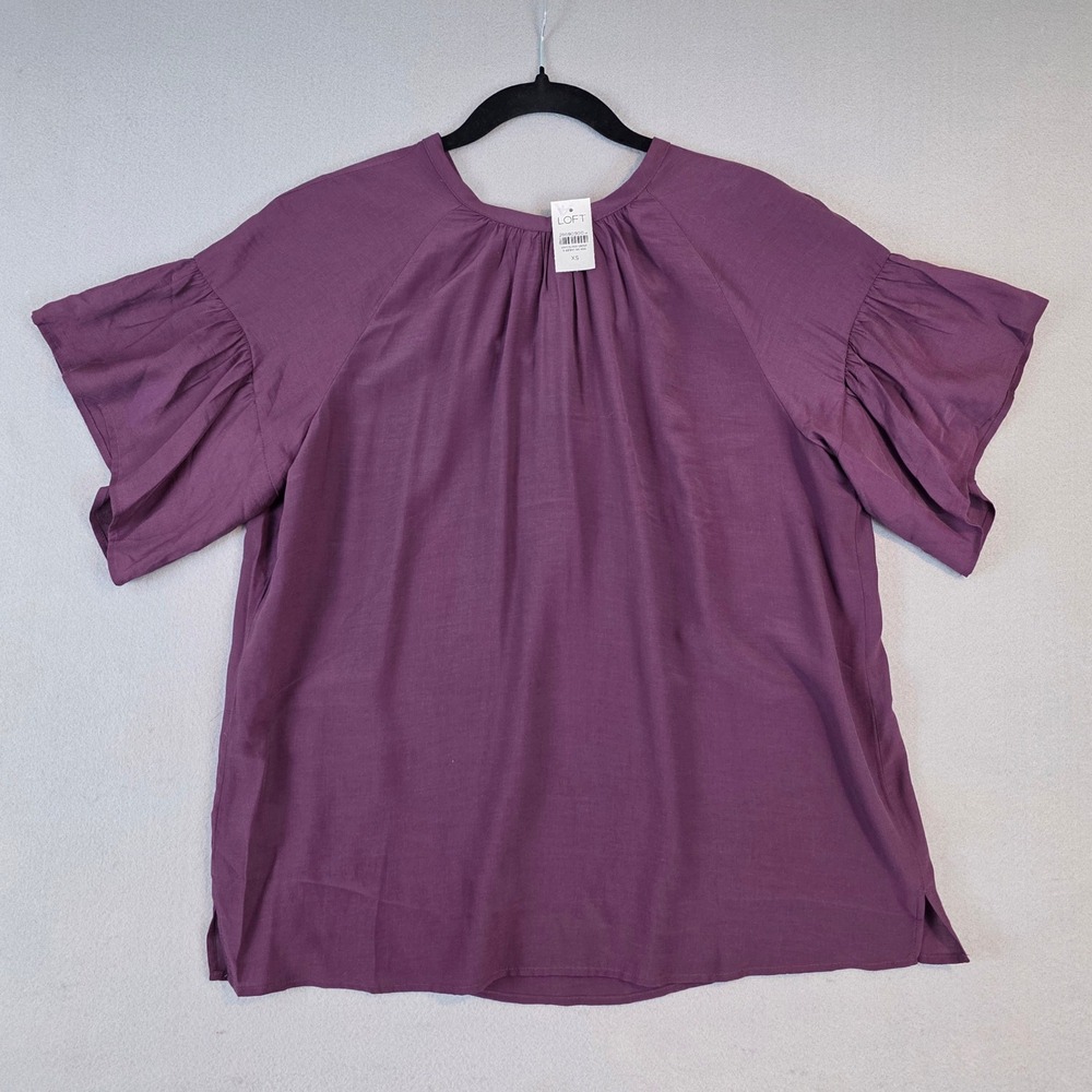 LOFT Womens Plum Purple Ruffle Sleeve Key Hole Tie Back Blouse Top XS NWT